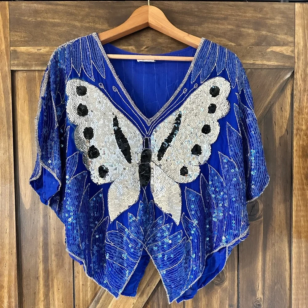 Tops | 7s Vintage Sequin Butterfly Top | Poshmark